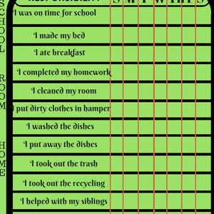 May include: A green chart with a black border and red lines. The chart is titled "Nick's Responsibilities". The chart lists daily responsibilities, such as "I was on time for school", "I made my bed", and "I helped mama".