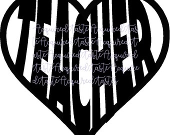 May include: Black and white heart-shaped design with the word "TEACHER" written inside. The word is repeated multiple times, overlapping and creating a unique pattern.