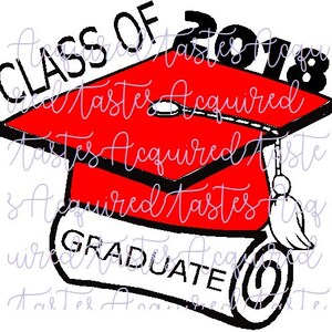 May include: A red graduation cap with a black tassel and a white scroll that says "GRADUATE". The cap has the text "CLASS OF 2018" on it.