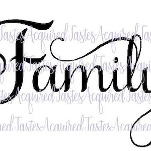 Könnte beinhalten: Schwarz-weißes kursives Schriftdesign des Wortes "Familie".