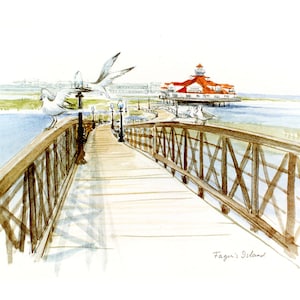 May include: Watercolor painting of a pier with a building at the end, seagulls, and a bridge. The pier has a brown wooden railing and a metal support structure. The building has a red roof and white walls. The painting is signed "Fager's Island".