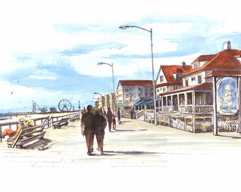 Couple on the Boardwalk 11"x14" Ocean City giclee print watercolor