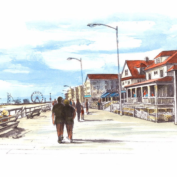 Couple on the Boardwalk 11"x14" Ocean City giclee print watercolor