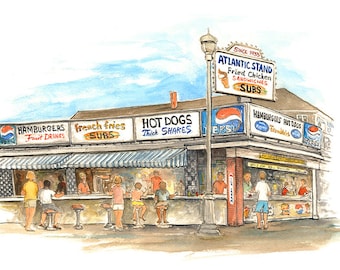 May include: Watercolor painting of a vintage seaside diner, "Atlantic Stand," with signs for hamburgers, hot dogs, and subs. People are seated at the counter. The diner has a blue and white striped awning and a sign that says "Since 1933."