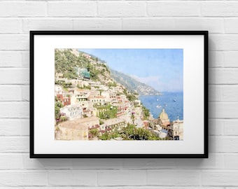 Positano Italy Watercolor Print, Amalfi Coast Wall Art (Digital Download)