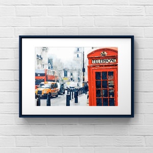 ロンドンのポスター、ロンドンのプリント、ロンドン イングランド、ロンドンの壁アート、水彩画のアートプリント、イギリスの電話ボックスのアートプリント、ロンドンのストリート プリント