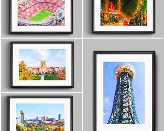 Knoxville Tennessee Watercolor Print Set, Cityscape Gallery Wall (Digital Download)