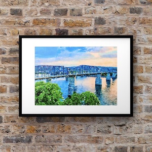 Market Street Bridge Watercolor Print, Chattanooga Art, Tennessee River Watercolor