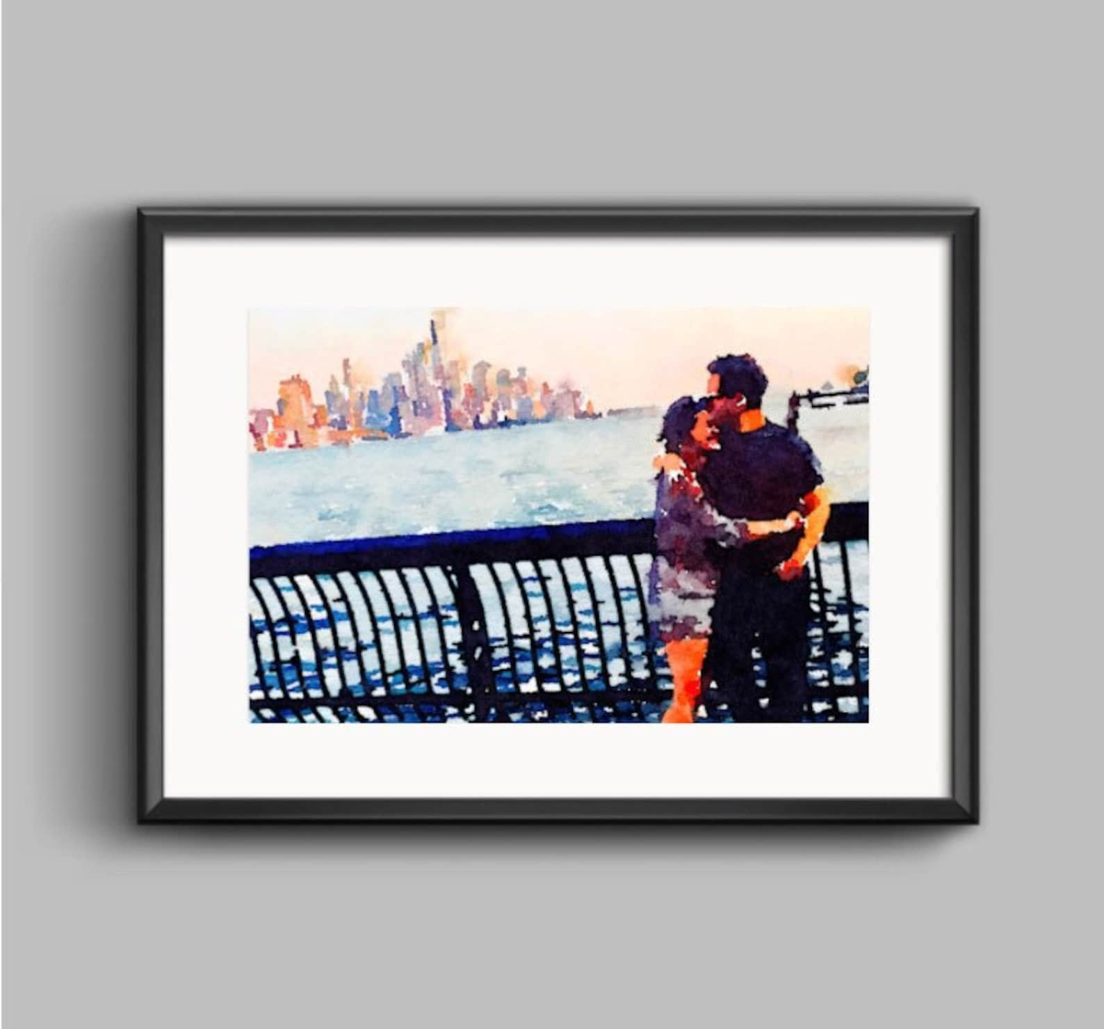 painted photo of couple in front of city