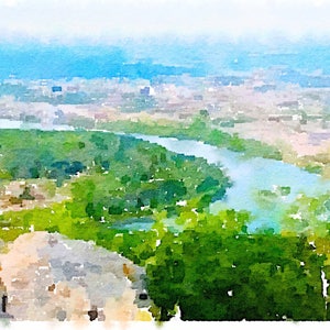 May include: A watercolor painting of a river winding through a green valley, with a city in the distance.