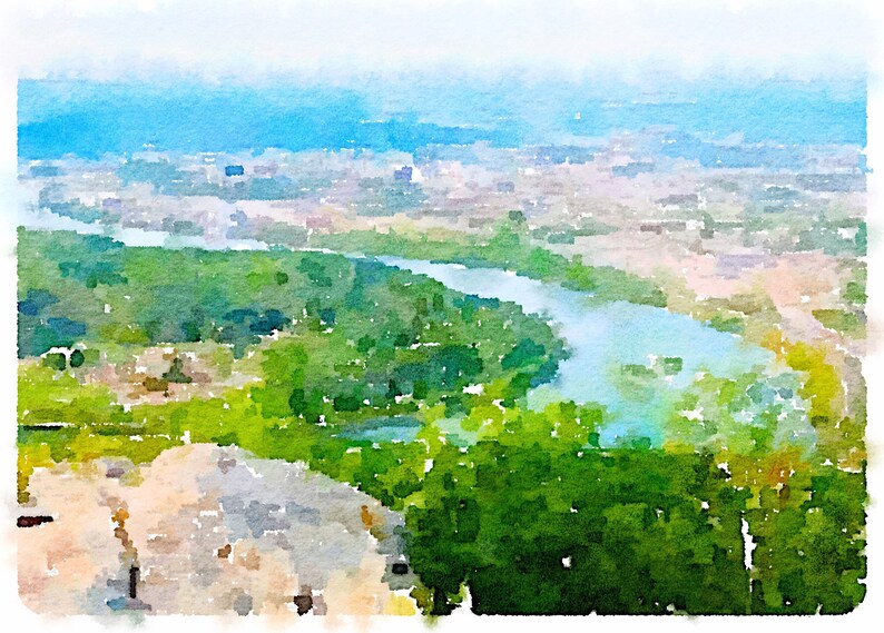 May include: A watercolor painting of a river winding through a green valley, with a city in the distance.
