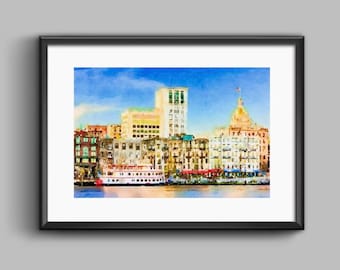 Savannah Georgia Skyline Watercolor Art Print (Digital Download)