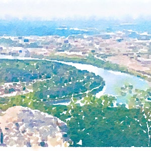 May include: A watercolor painting of a river winding through a green landscape with a city in the distance.