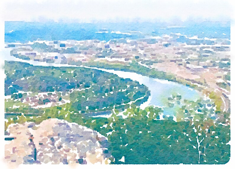 May include: A watercolor painting of a river winding through a green landscape with a city in the distance.