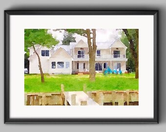 Pode incluir: Uma pintura em aquarela de uma casa branca com um cais de madeira na frente. A casa tem um grande jardim com grama verde e árvores. A casa tem uma cerca branca de madeira e uma varanda com um balanço.