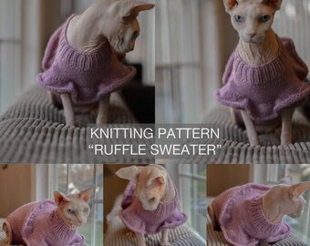 PDF PATTERN, "Ruffle" hand-knitted sphynx sweater, sweater for dogs or cats, knit sweater for cat