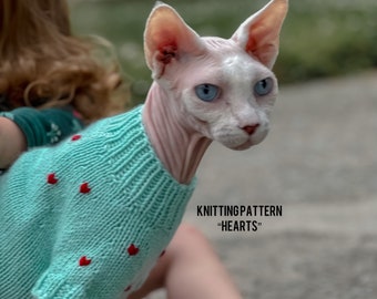 Pattern "Hearts" Sphynx Sweater, PDF and Video Instructions, Cats and Small Dogs Sweater Pattern