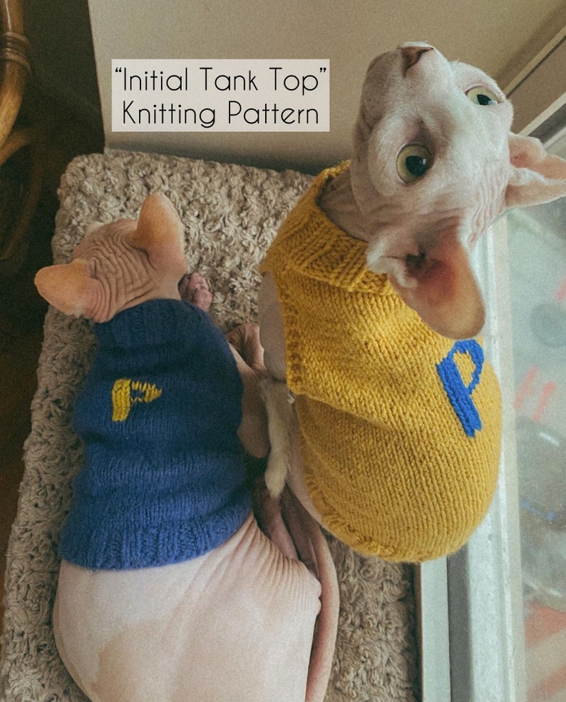 Pattern, Sphynx Cat Knitted Tank Top, PDF and Video Instructions, Cats and Small Dogs Initial Sweater Pattern image 1