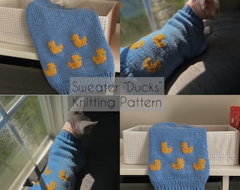 Sphynx Cat Sweater Knitting Pattern, Duck Embroidery (PDF & Video)