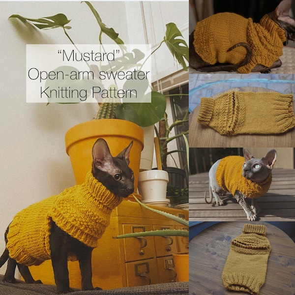 Pattern "Mustard" Open-arm, Sphynx Sweater, PDF and Video Instructions, Cats and Small Dogs Sweater Pattern
