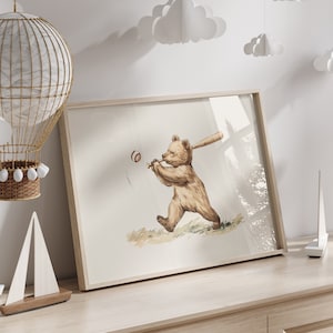 Vintage Bear Baseball Nursery Print | Antique Sports Decor (Digital Download)