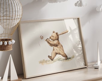 Bear Baseball Print | Vintage Nursery PRINTABLE Wall Art | Antique Sports Nursery Decor | Neutral Boy Nursery Print | Toddler Room Art |#920