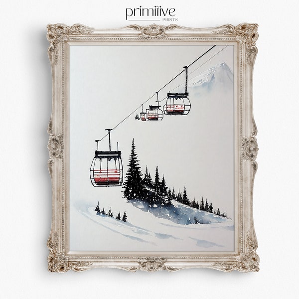 Ski Hill Painting | Digital PRINTABLE Wall Art | Neutral Winter Print | Snowy Home Decor | Chair Lift Watercolor Artwork | #333