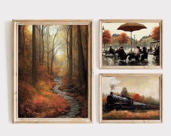 Autumn Print Set, Moody Fall Landscape, Gallery Wall Set, Autumn Lake Decor, Seasonal Printable Art, Landscape Painting Digital Artwork