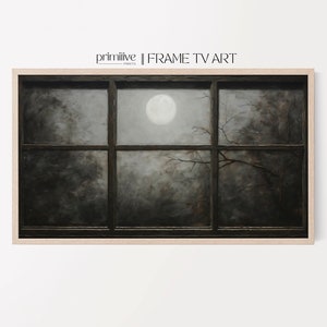 May include: A framed painting of a window with a full moon visible through the panes. The window is divided into nine squares with dark brown wood framing. The moon is white and the sky is a light gray. The trees outside the window are dark and bare.