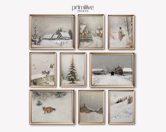 Juego de láminas de paisajes invernales vintage / Arte de cabaña nevada (descarga digital)