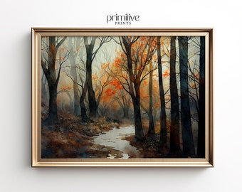 Autumn Landscape Print, Watercolor Autumn Art, Fall Home Decor, Printable Wall Art, Autumn Home Decor, October Forest Painting Digital Print
