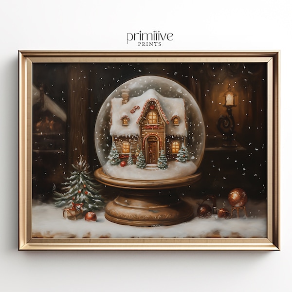 Christmas Art Print | PRINTABLE Wall Art | Snow Globe Painting | Cozy Christmas Decor | Festive Gingerbread House Wall Art | #650