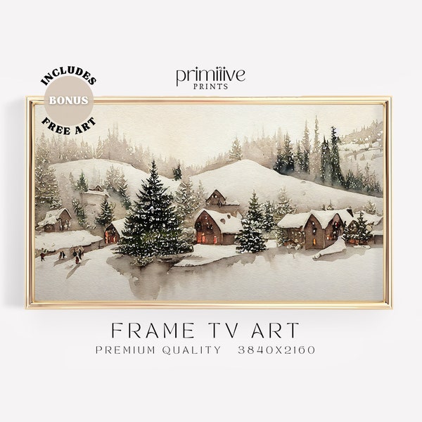 Winter Samsung Frame TV Art, Watercolor Village TV Art, Snowy Digital Download, Festive Holiday Christmas Smart TV Art | S182