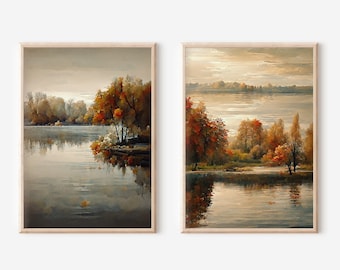 Conjunto de galería de otoño, conjunto de 2 impresiones, conjunto de arte de paisaje de otoño, decoración del lago de otoño, arte imprimible de temporada, pintura de paisaje decoración de obras de arte digitales