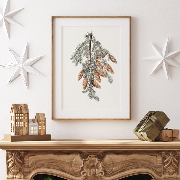 Pine Cone Print | PRINTABLE Wall Art | Vintage Winter Botanical Painting | Holiday Home Decor | Festive Farmhouse Digital Print | #378
