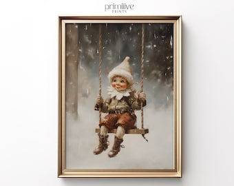 Swinging Elf Christmas Print | Vintage Christmas PRINTABLE Art | Christmas Decoration Print | Festive Home Decor | Holiday Artwork | #616