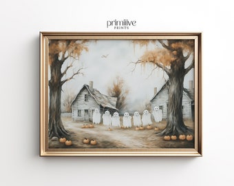 Halloween Print | Farmhouse PRINTABLE Art | October Landscape Painting | Ghost Pumpkin Decor Print | Rustic Autumn Digital Painting | #548