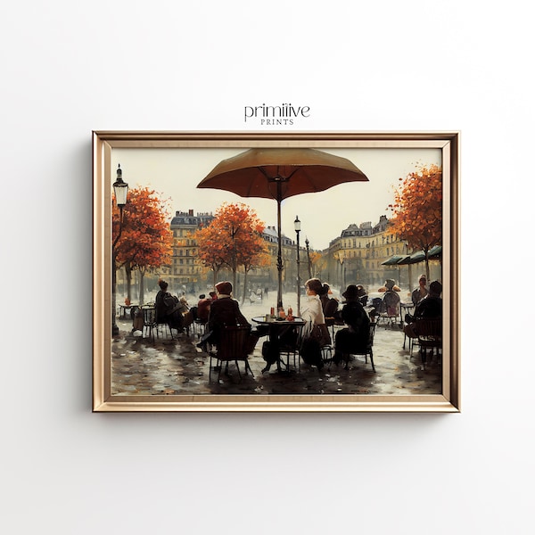 Impression de café de Paris, art de l'automne à Paris, décoration murale ville automne, art imprimable France, décoration d'intérieur de bistrot Français, oeuvre d'art numérique Europe des pluies