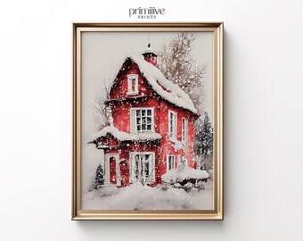 Winter House Painting | Digital PRINTABLE Wall Art | Red Watercolor Holiday Print | Farmhouse Home Decor | Snowy Artwork | #330