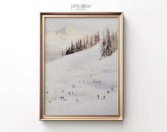 Peinture de pente de ski | Art mural numérique imprimable | Imprimé hiver neutre | Décoration d'intérieur enneigée | Aquarelle de ski de montagne | #334