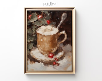 Hot Chocolate Print | Vintage Winter PRINTABLE Wall Art | Holiday Digital Art Print | Cozy Seasonal Decor | Christmas Cocoa Painting | #713