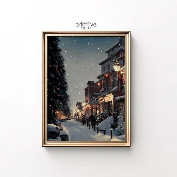 Winter Print | Christmas Village Art | PRINTABLE Wall Art | Snow Home Decor | Winter Evening Painting | Silent Night Digital Print | #359