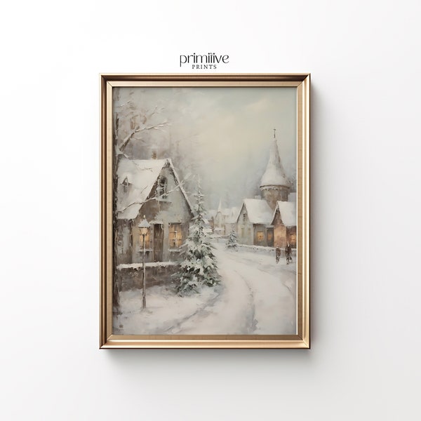 Winter Village Wall Art | Winter PRINTABLE Wall Art | Snowy Landscape Painting | Winter White Print | Small Town at Christmas Print | #674