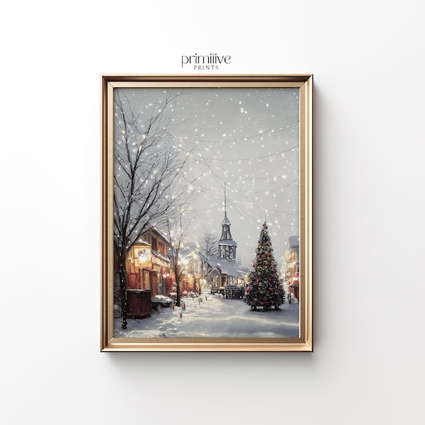 Winter Print | Christmas Village Art | PRINTABLE Wall Art | Snow Home Decor | Winter Evening Painting | Silent Night Digital Print | #357