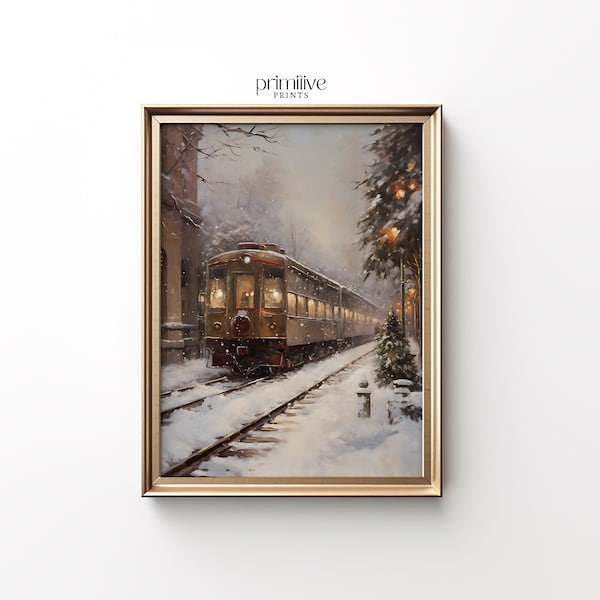 Winter Train Print | Christmas PRINTABLE Wall Art | Holiday Digital Art Print | Seasonal Home Decor | Evening Train Station Painting | #710