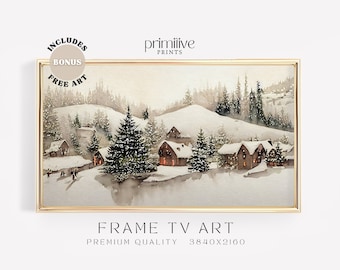 Winter Samsung Frame TV Art, Watercolor Village TV Art, Snowy Digital Download, Festive Holiday Christmas Smart TV Art | S182