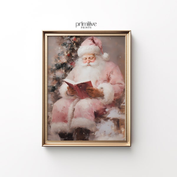 Pink Santa Wall Art | Christmas PRINTABLE Art Print | Pink Christmas Print | Pastel Holiday Decor | Santa Claus Reading Book | #655