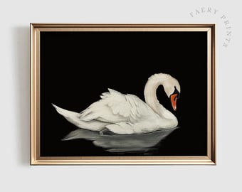 Cuadro al óleo de cisne blanco / Lámina decorativa vintage para pared (descarga digital)