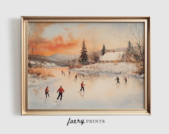 Winter Schlittschuhlaufen Landschaft Kunstdruck | Malerische Dekoration (Digitaler Download)