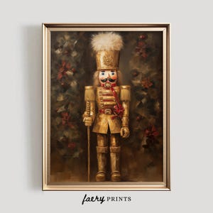 May include: A vintage-style painting of a golden nutcracker soldier standing in front of a dark green background with red holly berries. The nutcracker is wearing a red and gold uniform with a white feathered hat.